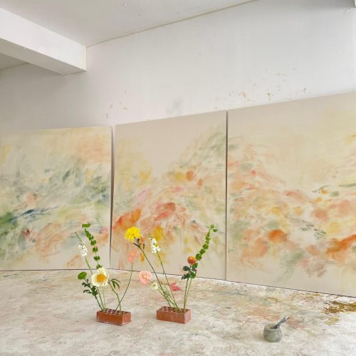 Todo aquello que rodea el silencio 1,2,3, 2025 
184 × 153 cm (each) 
Acrylic and ink on canvas 
Price upon request